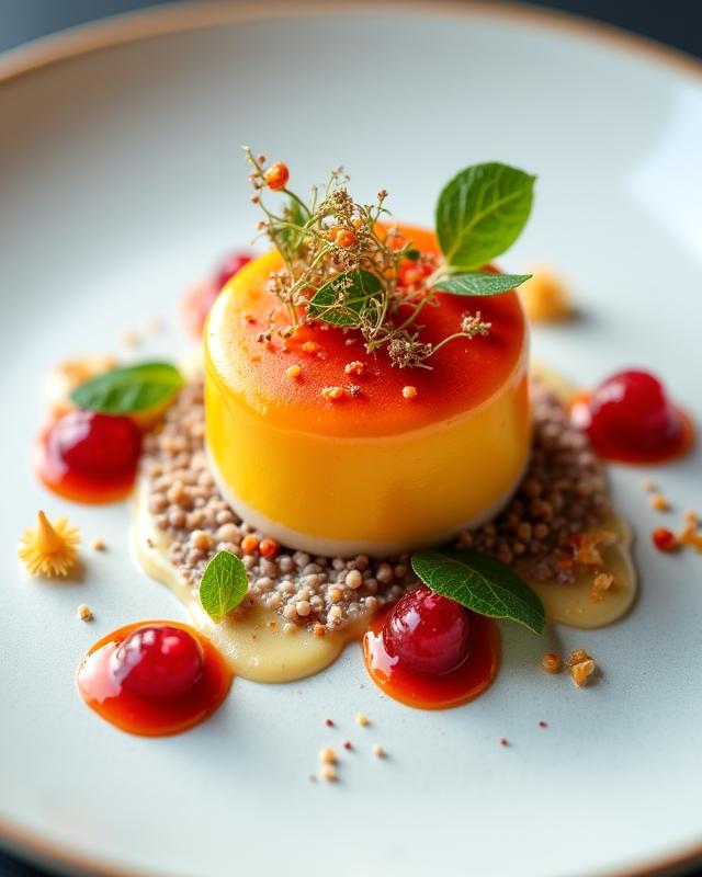 Elegantly plated desserts with garnish and sauce